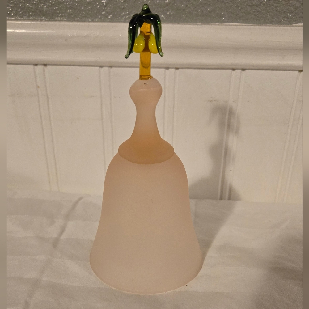 Frosted Pink Glass Bell With Palm Tree Blown Glass On Handle